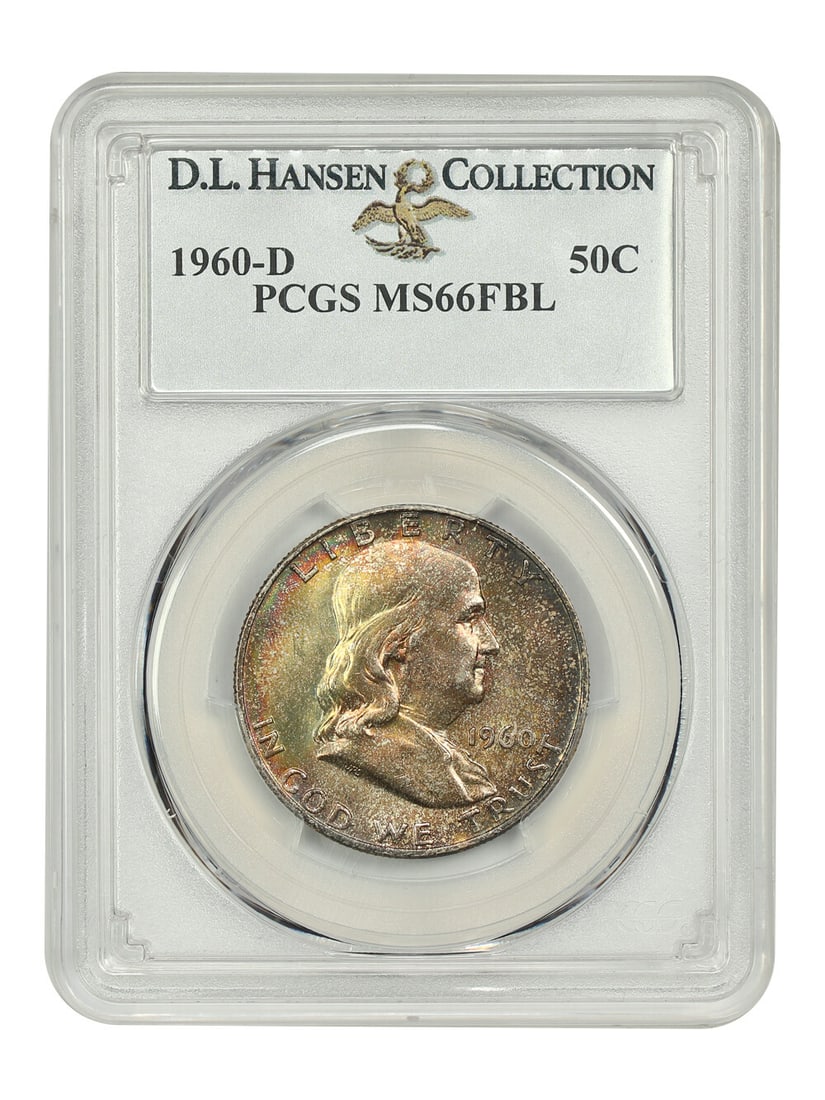 1960-D Franklin Half Dollar PCGS MS66FBL Certified Uncirculated: 1960-D Franklin Half Dollar PCGS MS66FBL Certified Uncirculated This 1960-D Franklin Half Dollar is a remarkable find, certified by PCGS with a grade of MS66FBL. This uncirculated coin showcases a ful