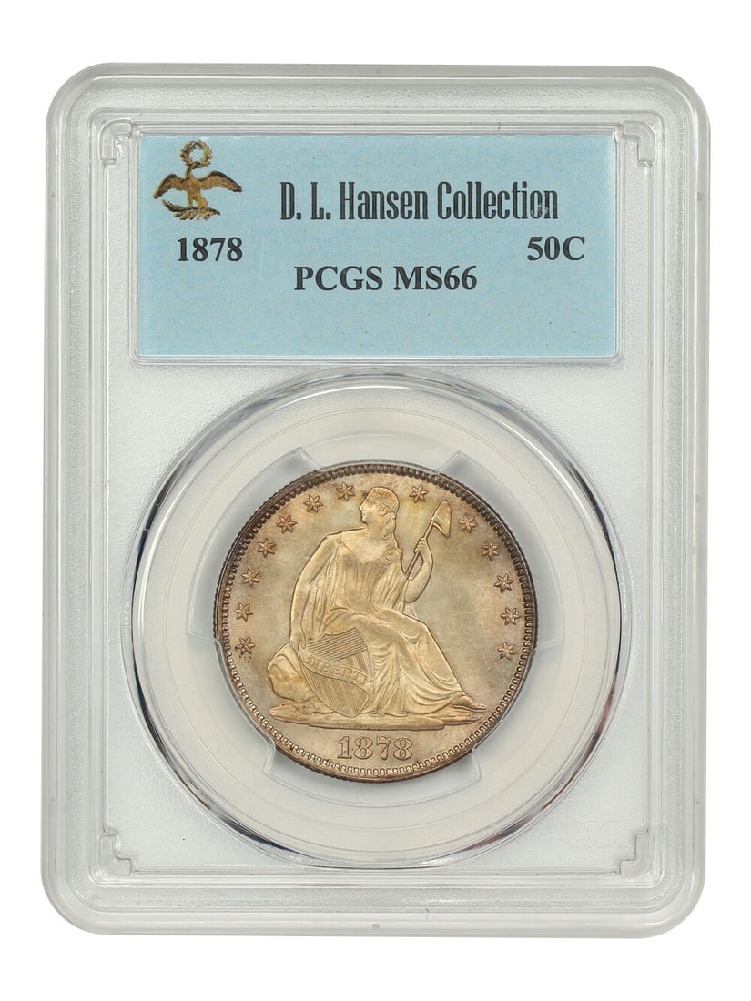1878 PCGS MS66 Liberty Seated Half Dollar Ex D.L. Hansen: 1878 PCGS MS66 Liberty Seated Half Dollar Ex D.L. Hansen This 1878 50C Liberty Seated Half Dollar is certified by PCGS with a grade of MS66, marking it as an uncirculated coin of exceptional quality. 