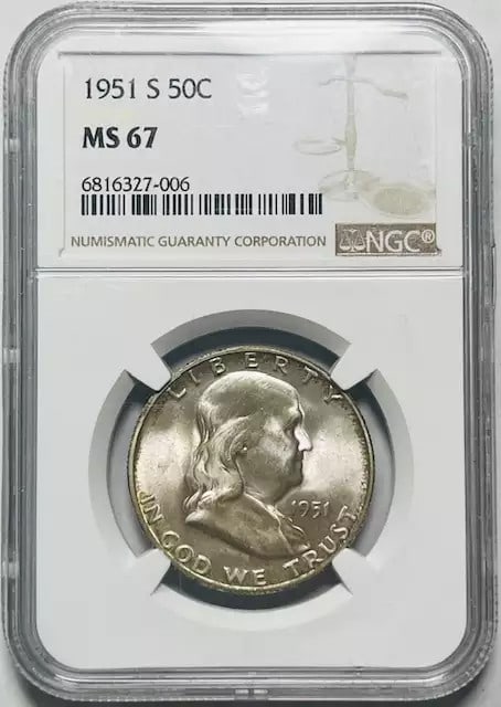 NGC MS67 1951 San Francisco Franklin Silver Half Dollar Coin: NGC MS67 1951 San Francisco Franklin Silver Half Dollar Coin This is a 1951 Franklin Half Dollar graded MS-67 by NGC. The coin is composed of silver and was minted in San Francisco. It is an uncircula