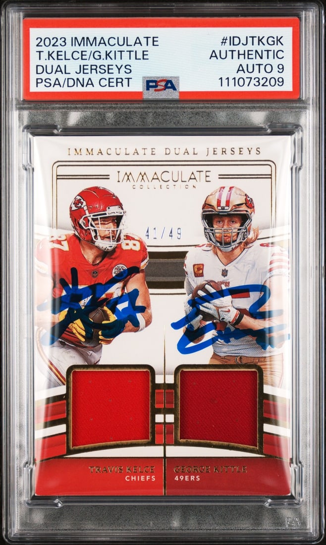 PSA Slabbed 2023 Panini Immaculate Dual Jerseys Travis Kelce George Kittle Auto 9 (1 of 2)