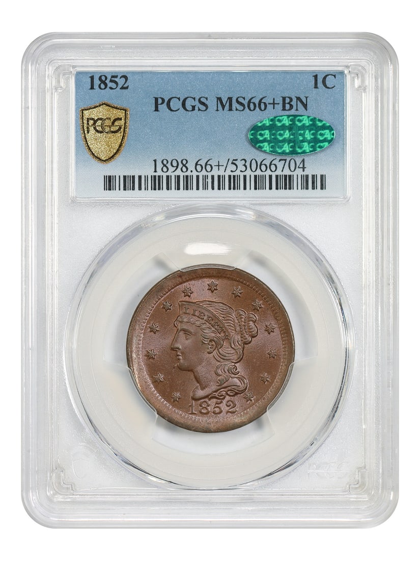 1852 Braided Hair Cent PCGS CAC MS66 Plus BN: 1852 Braided Hair Cent PCGS CAC MS66 Plus BN This 1852 Braided Hair Cent is a PCGS/CAC certified MS66+BN example, showcasing frosty luster and a bold, sharp strike. The coin features warm mahogany-bro