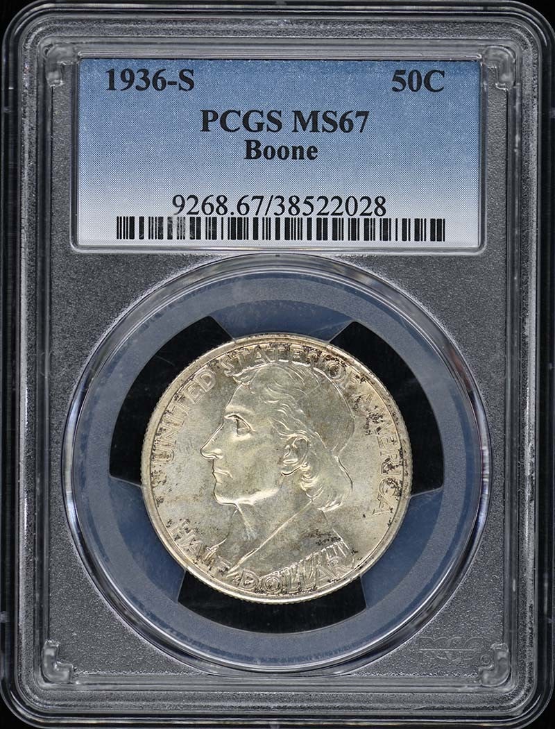 1936-S Silver Boone Half Dollar PCGS MS67 Commemorative Coin: 1936-S Silver Boone Half Dollar PCGS MS67 Commemorative Coin This 1936-S Boone 50-cent silver commemorative coin was minted in San Francisco and is graded MS67 by PCGS. Composed of 90% silver and 10% 