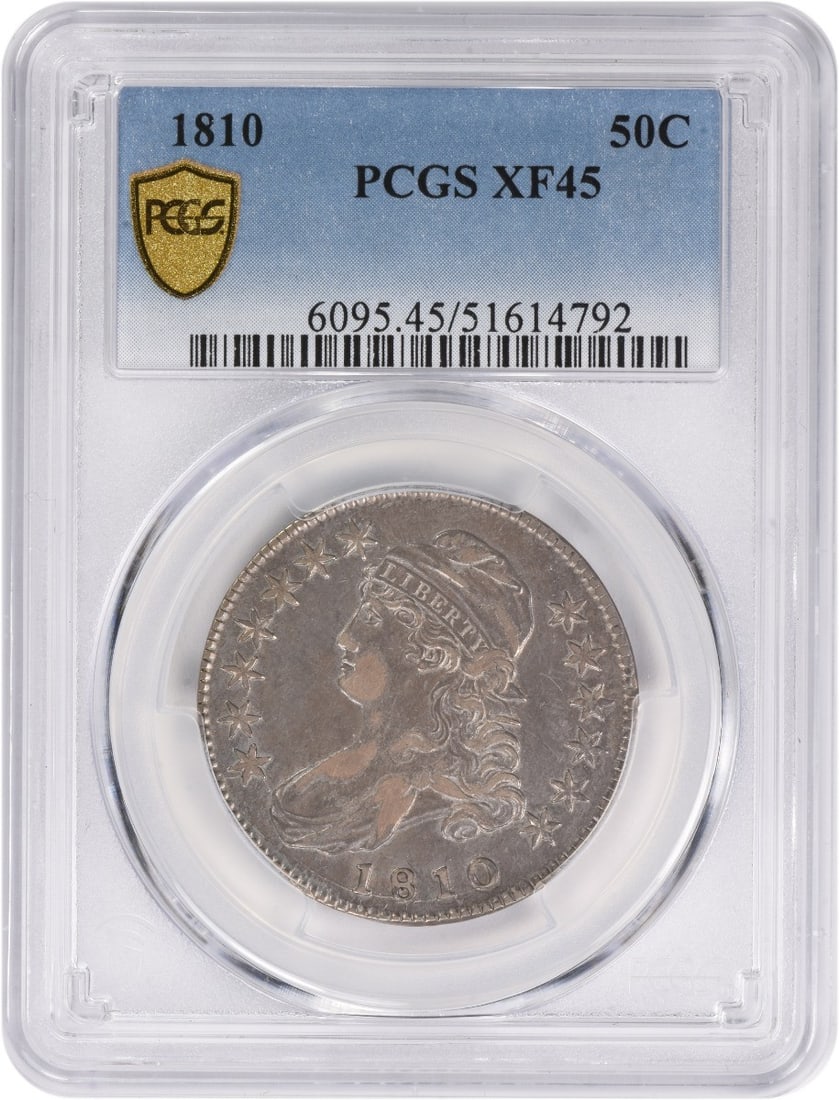 1810 Bust Silver Half Dollar EF45 PCGS Certified Coin: 1810 Bust Silver Half Dollar EF45 PCGS Certified Coin This 1810 Bust Silver Half Dollar is a noteworthy piece of currency featuring a stunning design by John Reich. Certified by PCGS, this coin has be