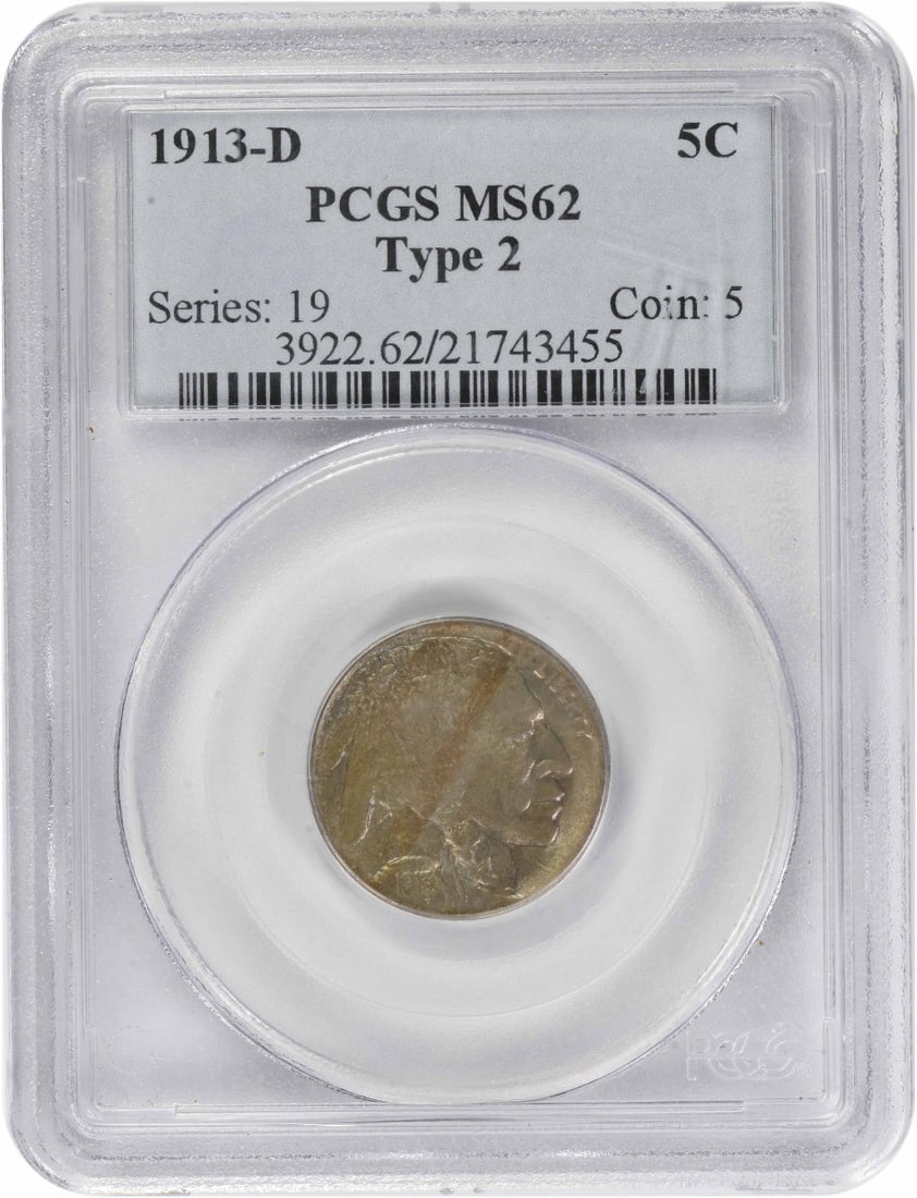 PCGS MS62 1913 Denver Buffalo Five Cent Type 2 Uncirculated Coin: PCGS MS62 1913 Denver Buffalo Five Cent Type 2 Uncirculated Coin This 1913-D Buffalo Nickel Type 2 is certified MS62 by PCGS. Minted in Denver, this uncirculated coin features a composition of 75% cop