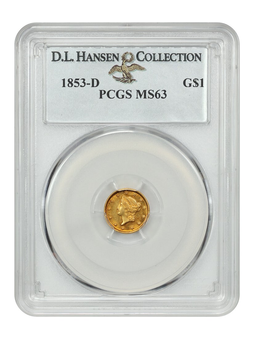 1853-D G$1 Gold Dollar PCGS MS63 Certified Rare Coin: 1853-D G$1 Gold Dollar PCGS MS63 Certified Rare Coin This 1853-D Gold Dollar is an exceptional specimen certified by PCGS with a grade of MS63, indicating it is in uncirculated condition. Struck at th