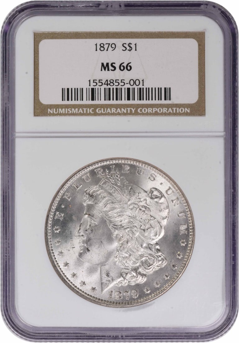 1879 Philadelphia Morgan Dollar MS66 Graded by NGC: 1879 Philadelphia Morgan Dollar MS66 Graded by NGC This 1879 Morgan Silver Dollar is certified MS66 by NGC and features a composition of 90% silver and 10% copper. Minted in Philadelphia without a min