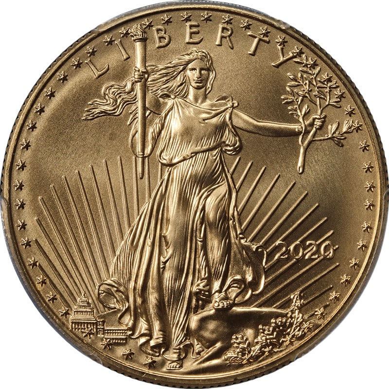 PCGS MS70 2020 American Eagle $50 Gold Coin First Day Issue: PCGS MS70 2020 American Eagle $50 Gold Coin First Day Issue This 2020 Gold American Eagle $50 coin is graded PCGS MS70 First Day of Issue, indicating a perfect uncirculated condition. Struck in 22-kar