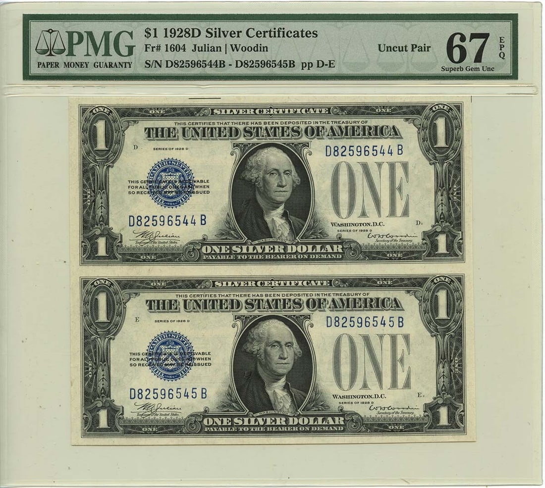 1928D Silver Certificate FR#1604 PMG MS67 Uncirculated Gem: 1928D Silver Certificate FR#1604 PMG MS67 Uncirculated Gem This 1928D Silver Certificate (FR#1604) is graded as PMG Superb Gem 67 EPQ, showcasing its exceptional quality. It is an uncirculated note, m