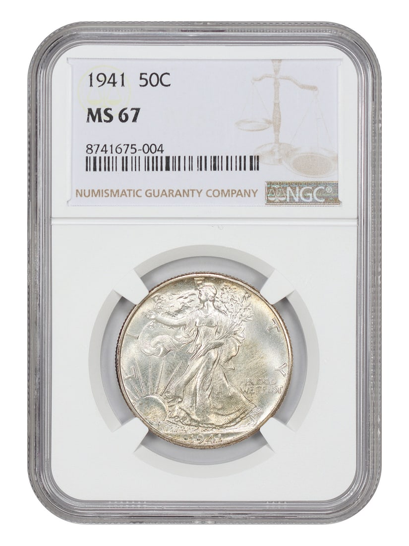 1941 Walking Liberty Half Dollar NGC MS67 50C Philadelphia: 1941 Walking Liberty Half Dollar NGC MS67 50C Philadelphia This 1941 Walking Liberty Half Dollar is graded MS67 by NGC, indicating it is in exceptional uncirculated condition. Struck in Philadelphia, 