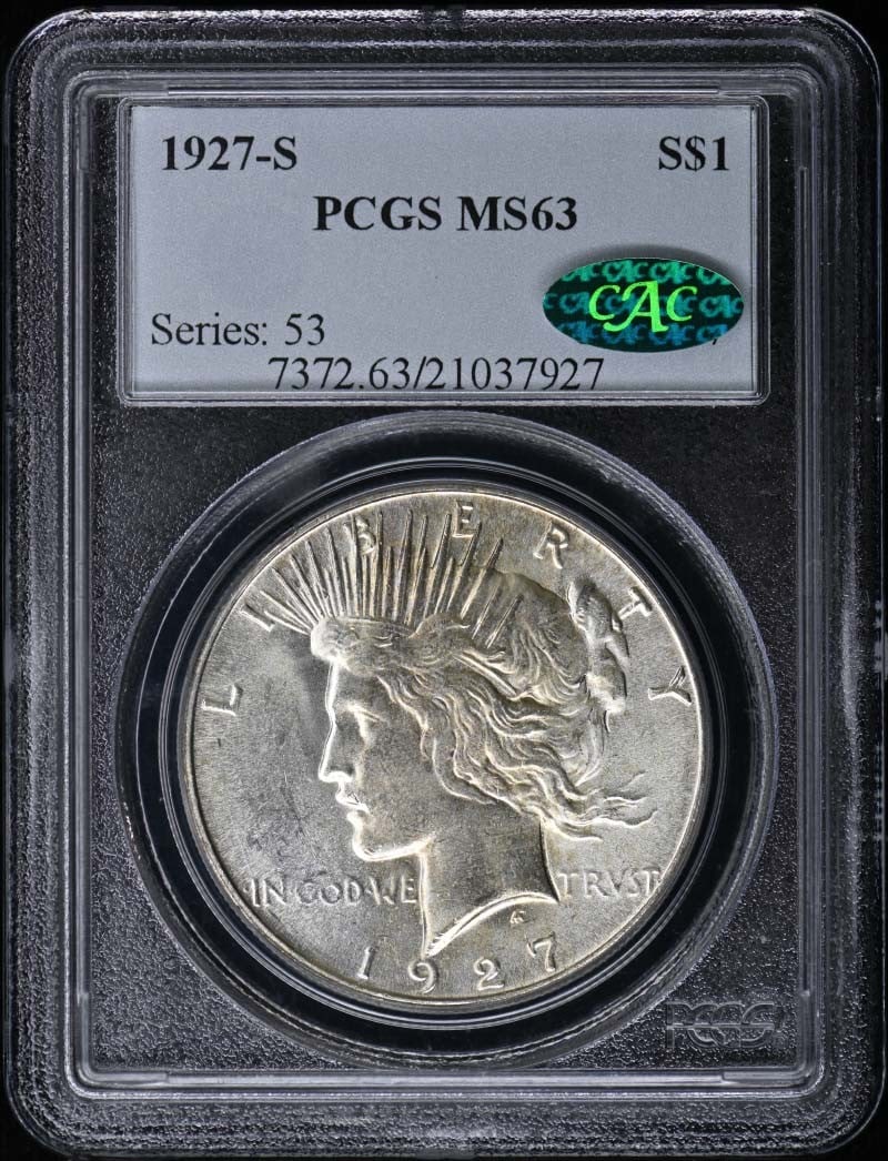 1927 San Francisco Peace Dollar Uncirculated PCGS MS63 CAC: 1927 San Francisco Peace Dollar Uncirculated PCGS MS63 CAC This 1927-S Peace Dollar is certified by PCGS with a grade of MS63 and features CAC approval. Struck at the San Francisco Mint, this uncircul
