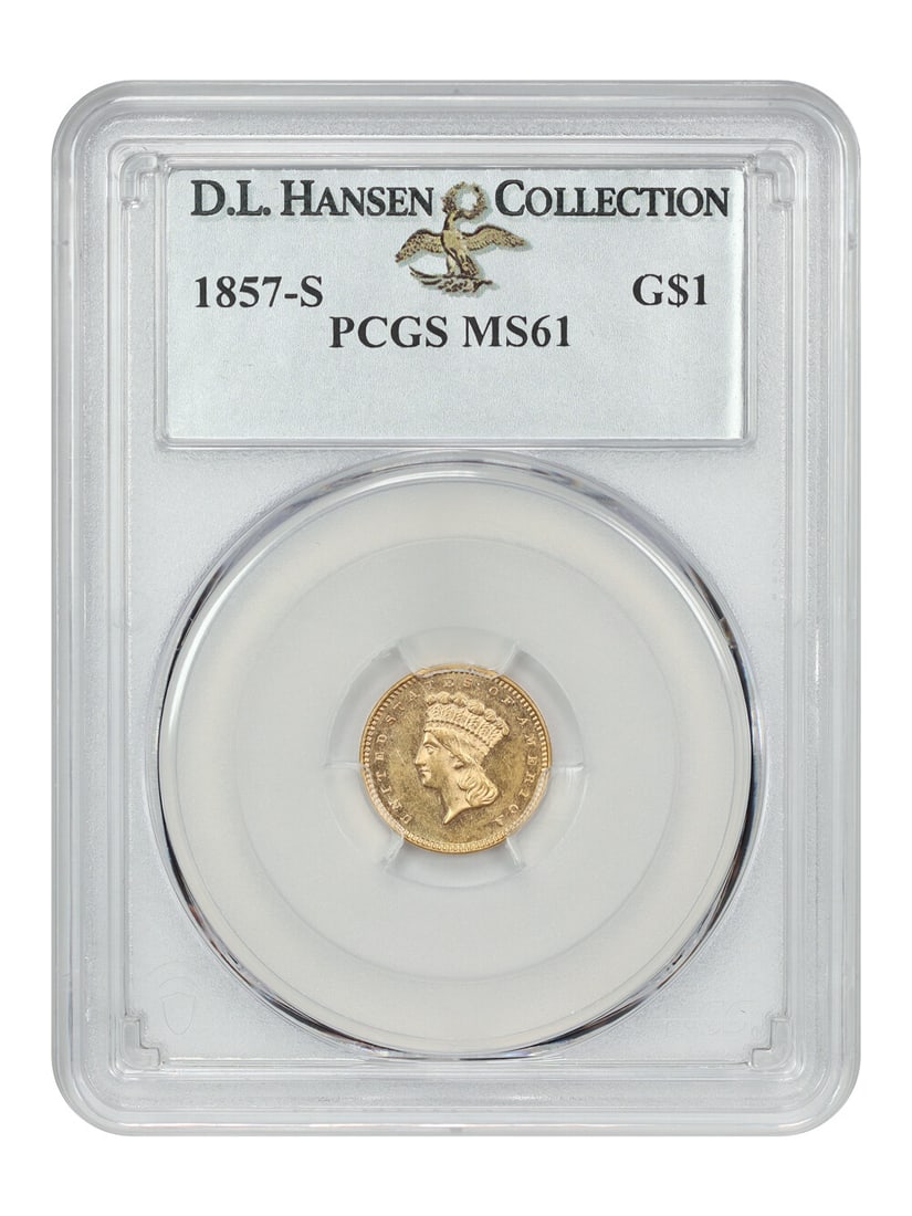 1857-S G$1 Gold Dollar PCGS MS61 San Francisco Rare Coin: 1857-S G$1 Gold Dollar PCGS MS61 San Francisco Rare Coin This 1857-S Gold Dollar (G$1) is certified by PCGS with a grade of MS61, making it a remarkable example of this rare coin. Struck at the San Fr