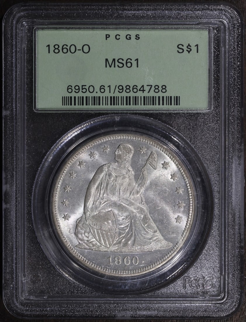 PCGS MS61 1860-O Seated Liberty Silver Dollar: PCGS MS61 1860-O Seated Liberty Silver Dollar This 1860-O Seated Liberty Dollar features the iconic Liberty seated design and was minted in New Orleans. Graded MS61 by PCGS, this silver coin exhibits 