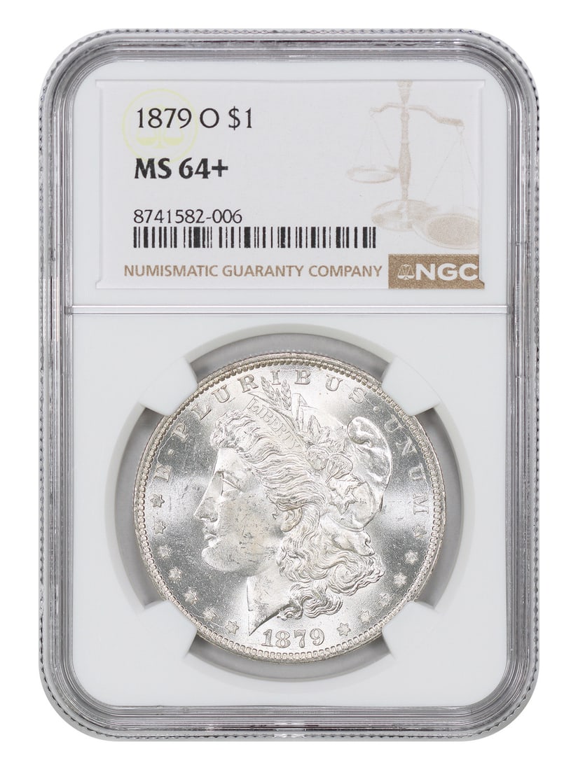 1879-O Morgan Dollar NGC MS64+ New Orleans Mint: 1879-O Morgan Dollar NGC MS64+ New Orleans Mint This 1879-O Morgan Dollar is graded MS64+ by NGC and is an uncirculated coin from the first year the New Orleans Mint issued Morgan silver dollars. It i