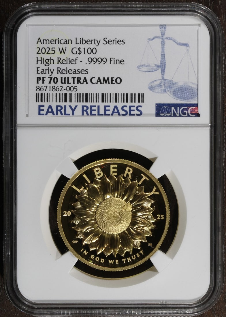 2025-W NGC PF70 DCAM American Liberty High Relief 1 oz Gold $100: 2025-W NGC PF70 DCAM American Liberty High Relief 1 oz Gold $100 This 2025 American Liberty High Relief $100 coin is struck in 1 oz of .9999 fine gold by the U.S. Mint. Graded PR 70 Deep Cameo by NGC,