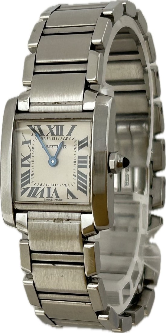 Cartier Tank Francaise SM Ladies Quartz White Dial Silver Watch: Cartier Tank Francaise SM Ladies Quartz White Dial Silver Watch This is a pre-owned Cartier Tank Francaise SM W51008Q3 2300 wristwatch designed for women. It features a classic white dial and is power