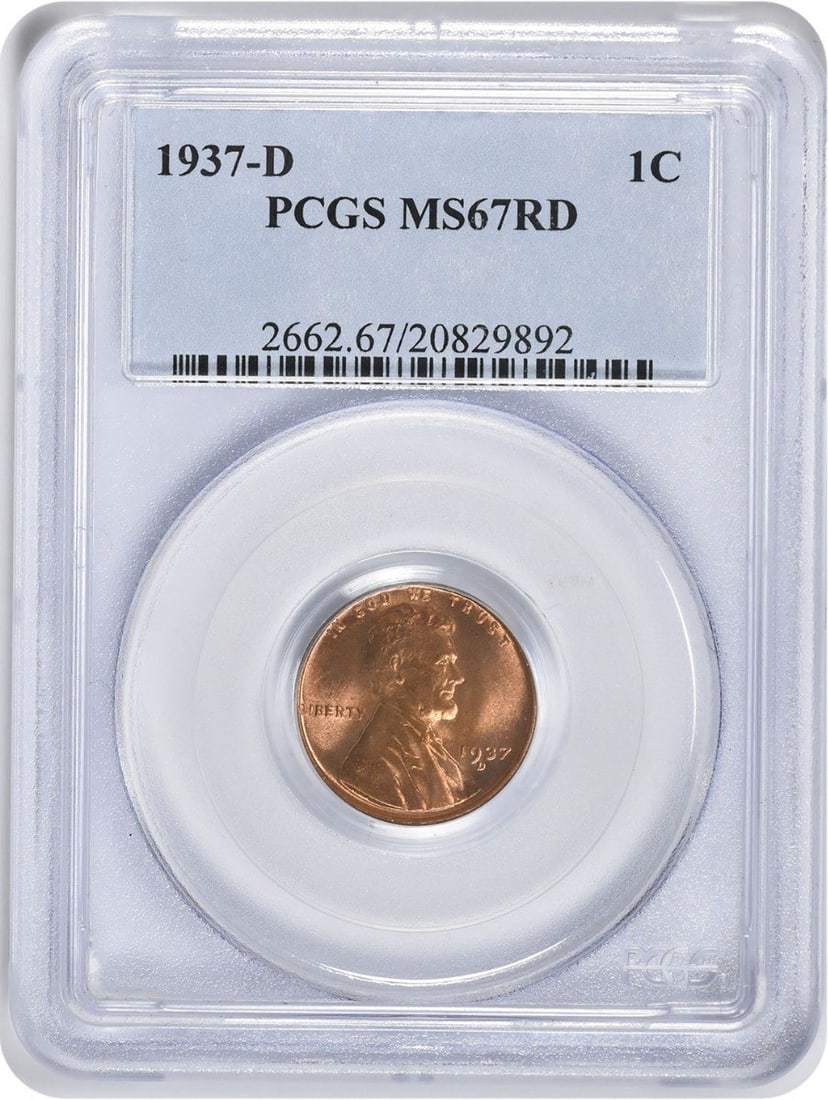 PCGS MS67RD 1937-D Lincoln Wheat Small Cent: PCGS MS67RD 1937-D Lincoln Wheat Small Cent This 1937 Lincoln Wheat Cent was minted in Denver and is composed of 95% copper with 5% tin and zinc. Graded MS67 by PCGS, this uncirculated small cent feat