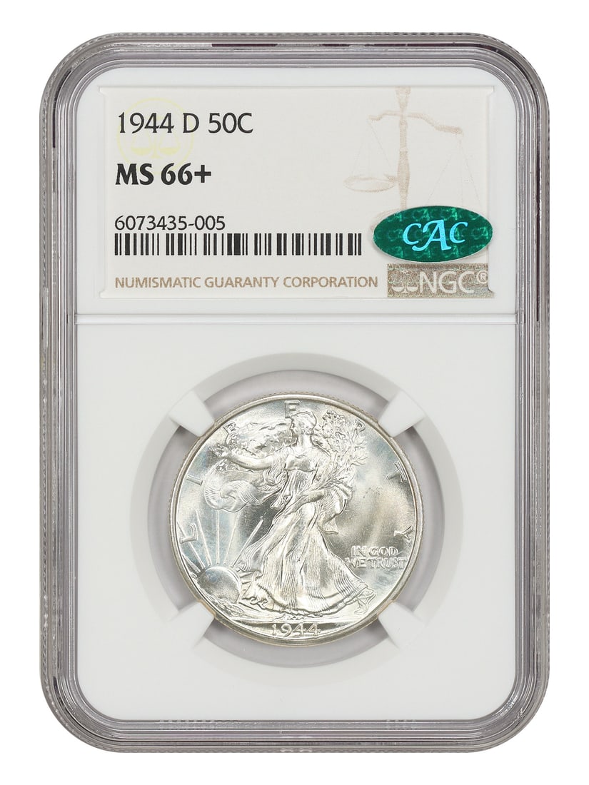 1944-D Walking Liberty Half Dollar NGC CAC MS66+: 1944-D Walking Liberty Half Dollar NGC CAC MS66+ This is a 1944-D Walking Liberty Half Dollar, graded MS66+ by NGC and also CAC approved. The coin was minted in Denver and is in pre-owned condition. I