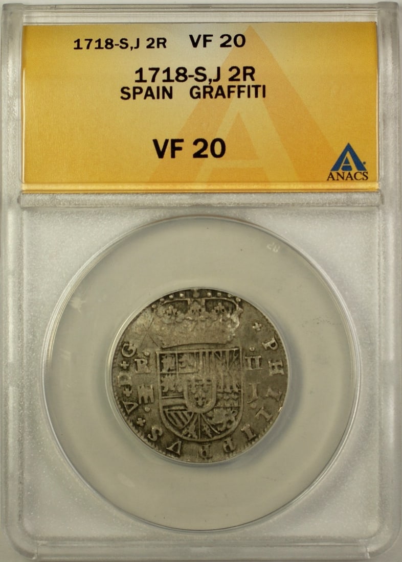 ANACS VF 20 1718 Spain 2 Reales Silver Graffiti Segovia (1 of 2)