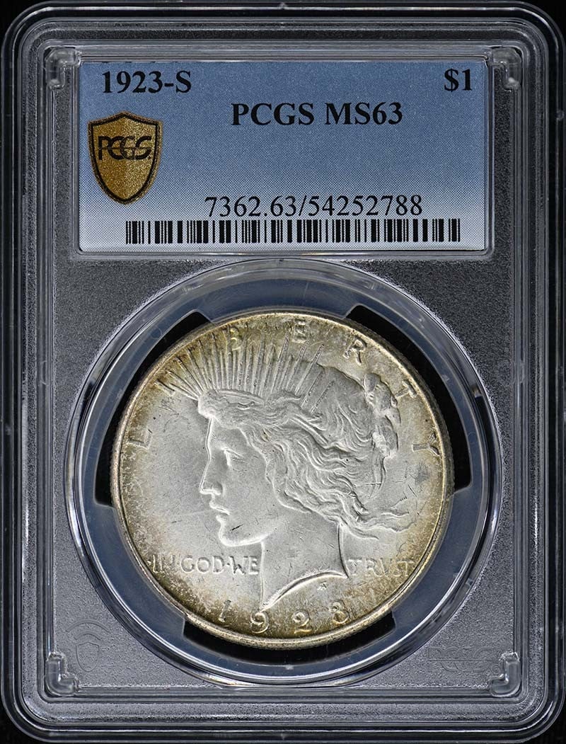 PCGS MS63 1923-S San Francisco Peace Dollar: PCGS MS63 1923-S San Francisco Peace Dollar This 1923-S Peace Dollar is graded MS63 by PCGS, indicating an uncirculated condition. Minted in San Francisco, it features the iconic Peace Dollar design a