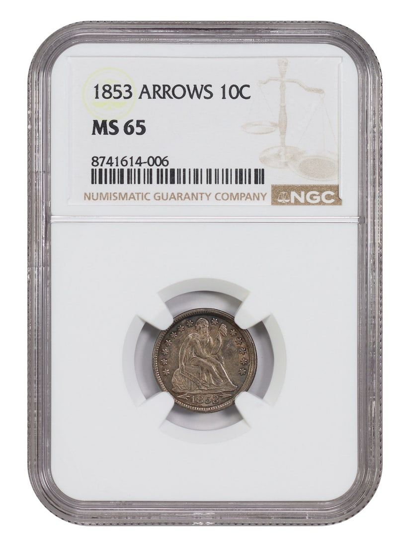 NGC MS65 1853 Arrows Liberty Seated 10C Philadelphia: NGC MS65 1853 Arrows Liberty Seated 10C Philadelphia This 1853 Liberty Seated Dime features arrows at the date, indicating a weight adjustment to the planchet for that year. Graded MS65 by NGC, this c