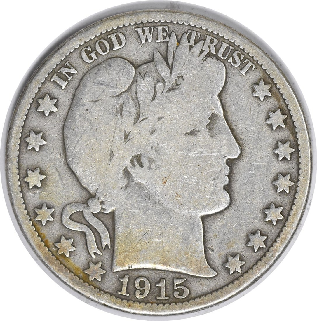 1915 Barber Silver Half Dollar 90% Silver Uncertified Coin: 1915 Barber Silver Half Dollar 90% Silver Uncertified Coin This 1915 Barber Silver Half Dollar is a classic coin featuring a design by Charles E. Barber. It is in VG (Very Good) condition, indicating 