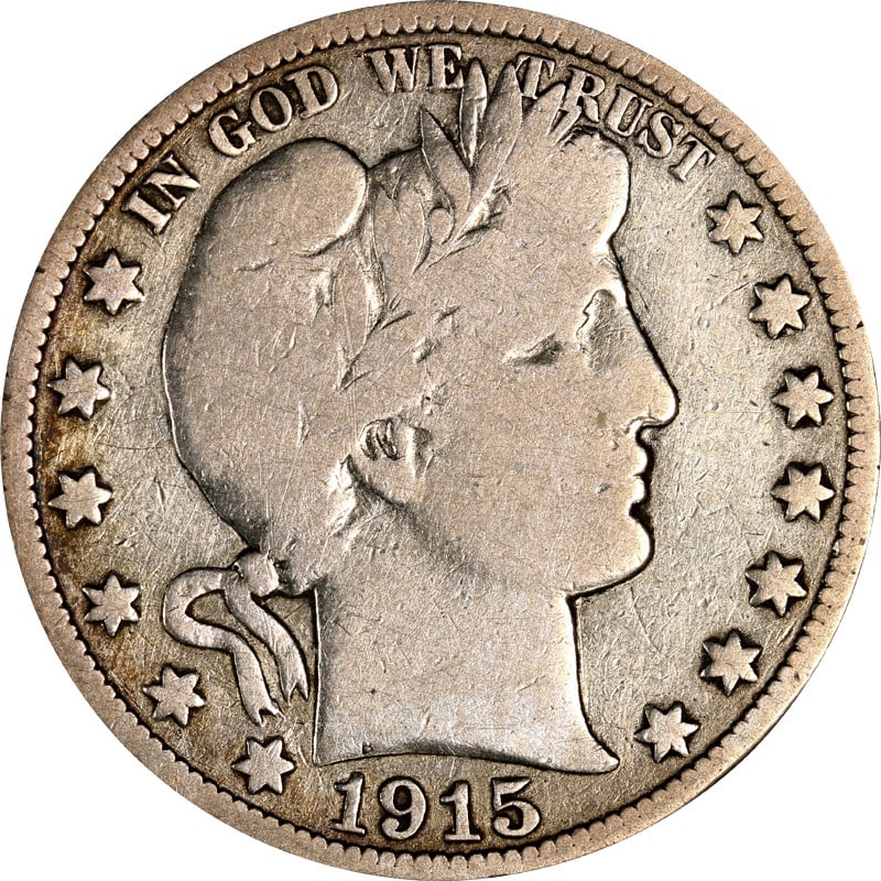 1915 Philadelphia Mint Silver Barber Half Dollar Coin: 1915 Philadelphia Mint Silver Barber Half Dollar Coin This is a 1915-P Barber Half Dollar composed of silver with a fineness of 0.9. The coin originates from the Philadelphia Mint and is in circulated