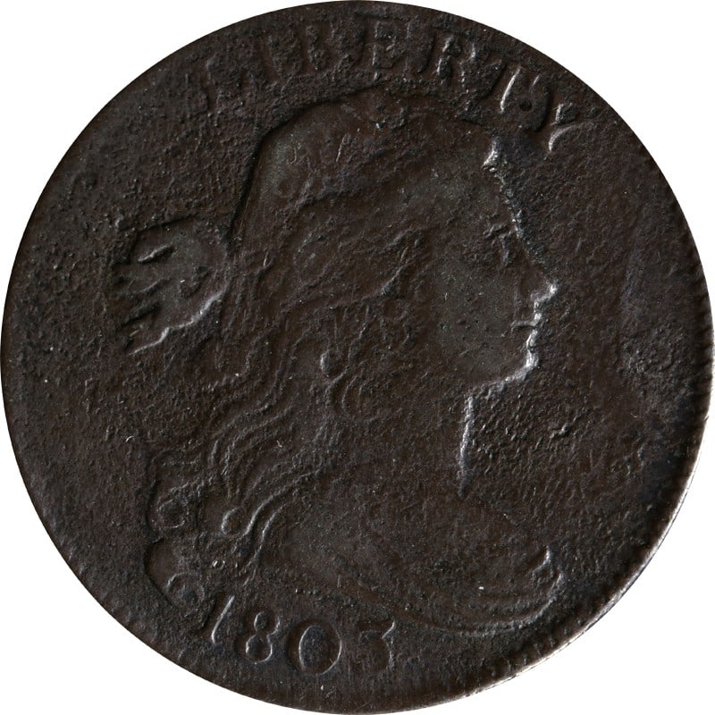 1803 Copper Large Cent Variety 1 S.249 R.2: 1803 Copper Large Cent Variety 1 S.249 R.2 This is an 1803 Large Cent, Variety 1, featuring the 1/100-1/000 denomination and S.249 R.2 attribution. The coin is composed of copper and is in circulated 