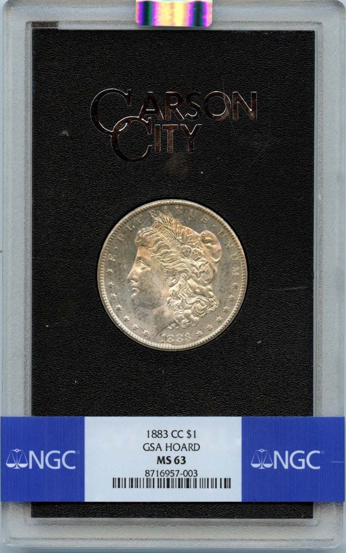 NGC MS63 1883 Carson City Morgan Dollar GSA Hoard: NGC MS63 1883 Carson City Morgan Dollar GSA Hoard This is an 1883-CC Morgan Dollar from the GSA Hoard, graded MS63 by NGC. The coin is uncirculated and was minted in Carson City. It represents a class