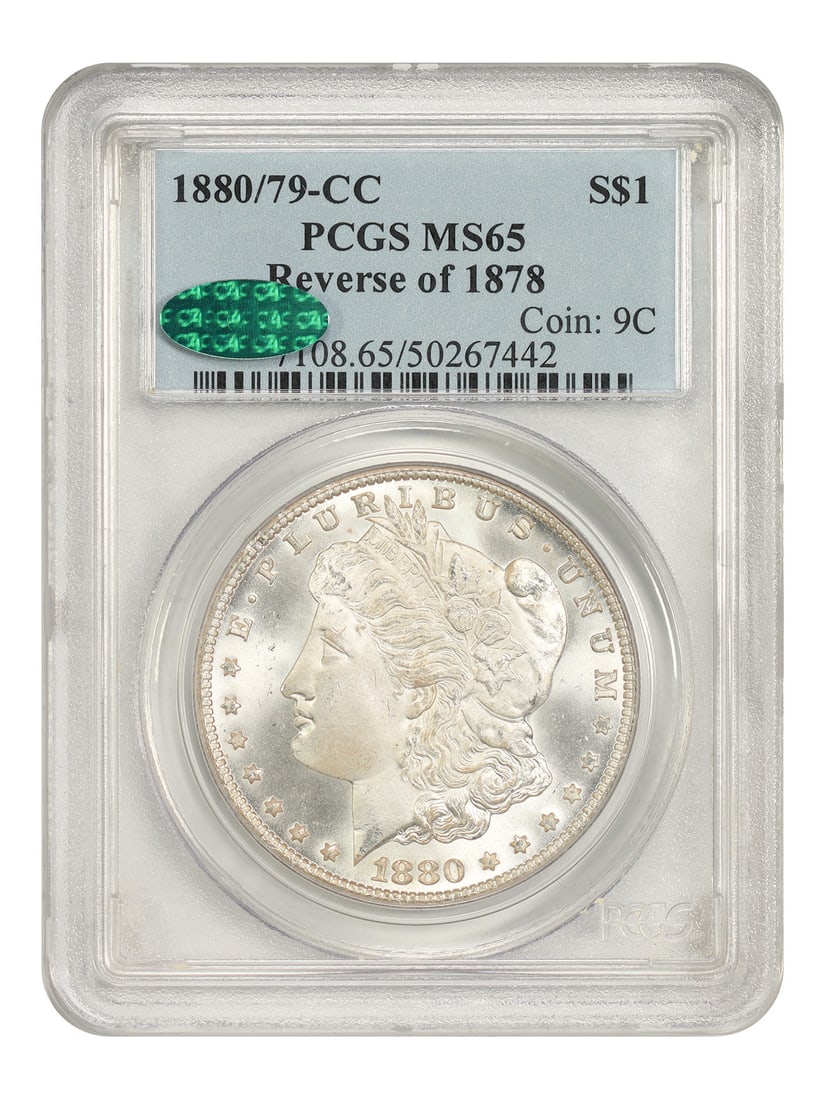 PCGS CAC MS65 Carson City Overdate Morgan Dollar 1880 79 CC Reverse of 1878: PCGS CAC MS65 Carson City Overdate Morgan Dollar 1880 79 CC Reverse of 1878 This 1880/79-CC Morgan Dollar features the distinctive Carson City overdate and is struck with the Reverse of 1878, easily i