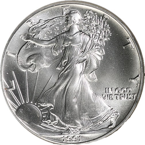 1991 NGC MS69 Brown Label Silver Eagle Dollar Coin: 1991 NGC MS69 Brown Label Silver Eagle Dollar Coin This 1991 Silver American Eagle $1 coin is certified by NGC with a grade of MS69 and features a Brown Label. The coin is composed of .999 fine silver