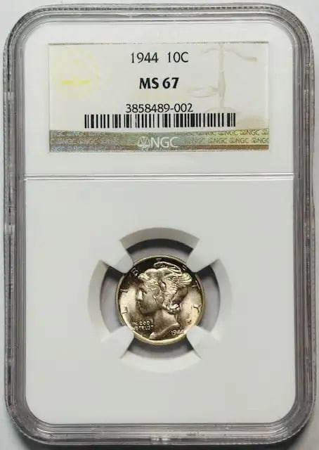 1944 Mercury Dime NGC MS67 Certified Silver Coin: 1944 Mercury Dime NGC MS67 Certified Silver Coin This 1944 Mercury Dime, certified by NGC, boasts an exceptional grade of MS-67, indicating its uncirculated condition. Made of silver, this dime is a r