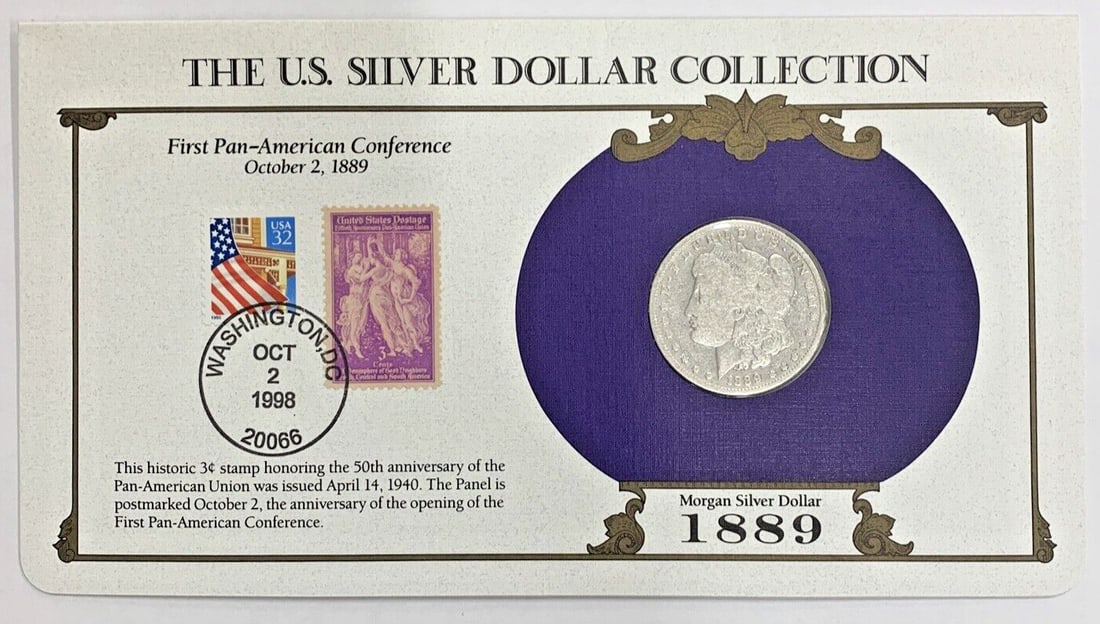 Morgan Silver Dollar 1889-O with Commemorative Stamp Display Card: Morgan Silver Dollar 1889-O with Commemorative Stamp Display Card This is an 1889-O Morgan Silver Dollar $1 coin from the United States, minted in New Orleans. The coin is circulated, ungraded, and un