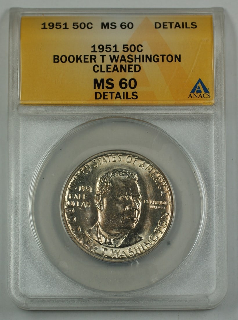 1951 Silver Half Dollar Commemorative Coin ANACS MS-60 Details Cleaned: 1951 Silver Half Dollar Commemorative Coin ANACS MS-60 Details Cleaned This is a 1951 Booker T. Washington commemorative silver half dollar coin, certified by ANACS with a grade of MS 60 Details Clean