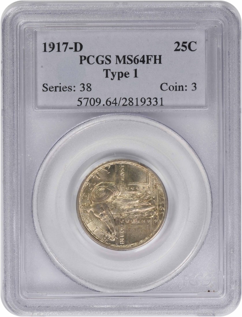 1917 Denver Standing Liberty Quarter Silver MS64 Full Head PCGS: 1917 Denver Standing Liberty Quarter Silver MS64 Full Head PCGS This 1917-D Standing Liberty Silver Quarter Type 1 is graded MS64FH by PCGS. Struck at the Denver Mint, this uncirculated coin features 