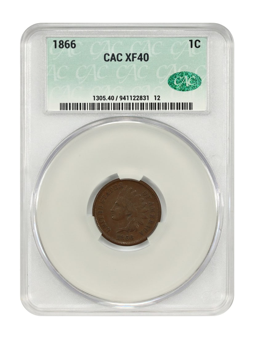 1866 Indian Cent CACG XF40 Better Date: 1866 Indian Cent CACG XF40 Better Date This 1866 Indian Cent features the 'Better Date' designation and has been certified by CACG with a grade of XF40. The coin is in pre-owned condition and displays