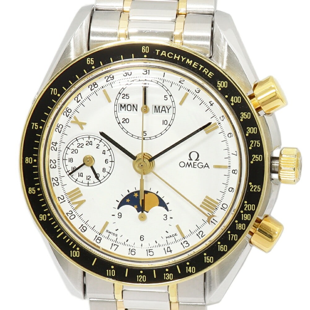 OMEGA Speedmaster 175.0034 Automatic Moon Phase Chronograph Watch: OMEGA Speedmaster 175.0034 Automatic Moon Phase Chronograph Watch This OMEGA Speedmaster Day-Date 175.0034 is a men's wristwatch featuring a Swiss-made automatic movement. The watch showcases a white 