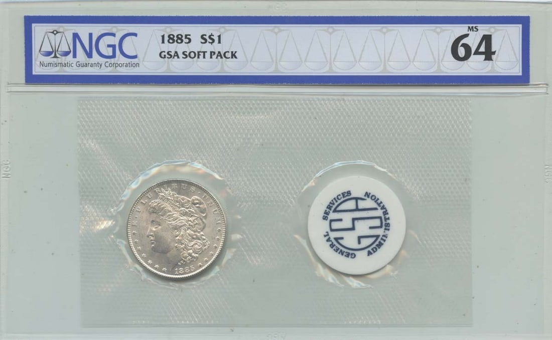 NGC MS64 1885 Morgan Silver Dollar GSA Soft Pack Uncirculated: NGC MS64 1885 Morgan Silver Dollar GSA Soft Pack Uncirculated This 1885 Morgan Dollar is presented in a GSA soft pack and has been graded MS64 by NGC. The coin originates from the Philadelphia Mint an