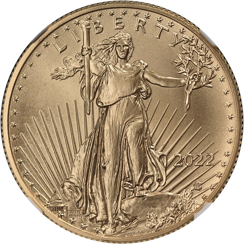 NGC MS70 2022 $25 Gold Eagle 1st Releases Castle Signed Label: NGC MS70 2022 $25 Gold Eagle 1st Releases Castle Signed Label This is a 2022 Gold American Eagle $25 coin, certified as NGC MS70 and designated as a First Releases issue. The coin features a gold comp