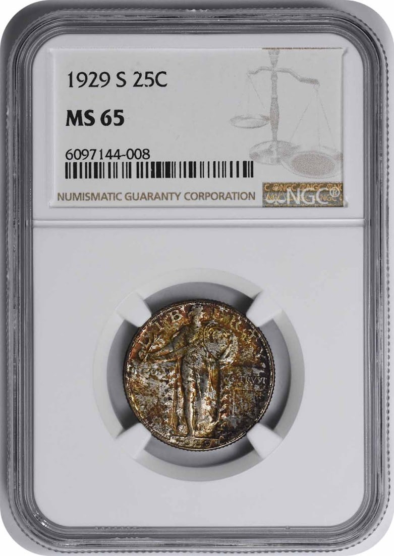 MS65 NGC 1929-S Standing Liberty Quarter Silver San Francisco Mint: MS65 NGC 1929-S Standing Liberty Quarter Silver San Francisco Mint This 1929-S Standing Liberty Quarter is an uncirculated coin graded MS65 by NGC. Struck at the San Francisco Mint, it is composed of 