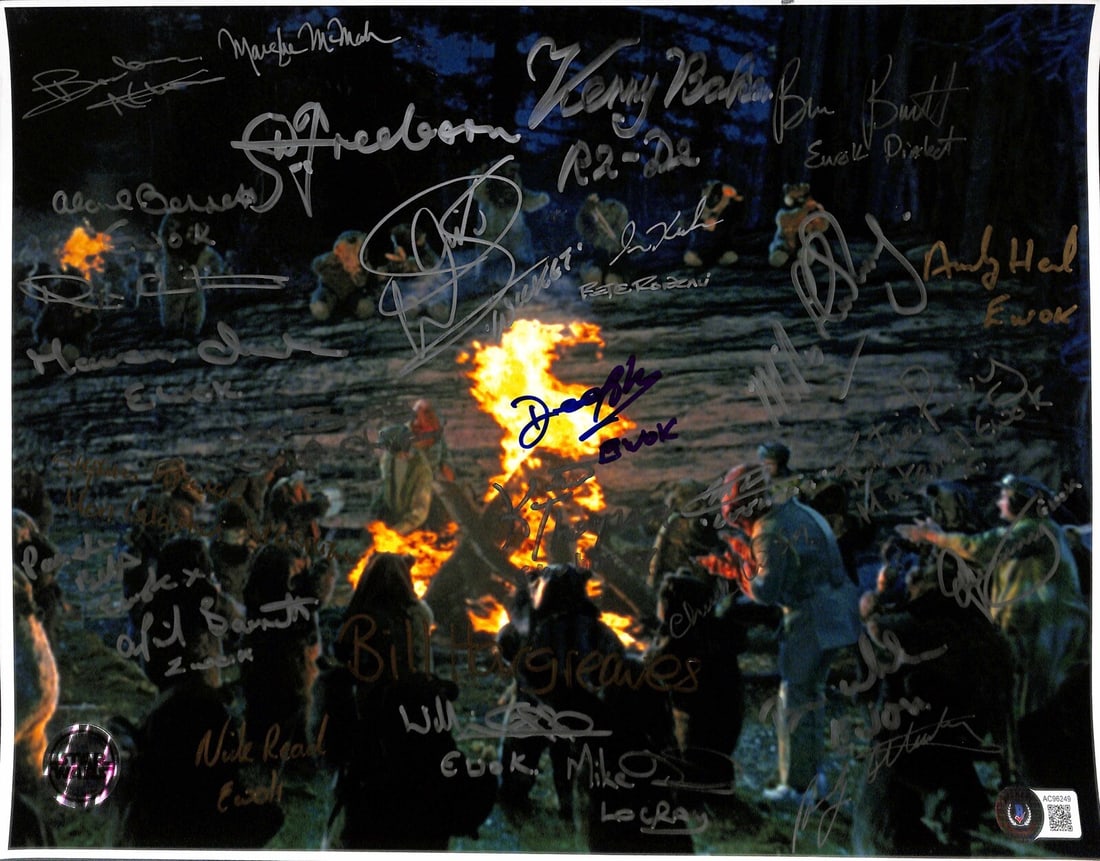 Star Wars ROTJ Ewoks Signed 11x14 Photo by 29 BECKETT LOA: Star Wars ROTJ Ewoks Signed 11x14 Photo by 29 BECKETT LOA This autographed 11x14 photograph from Star Wars: Return of the Jedi features the signatures of 29 individuals who played Ewoks or contributed