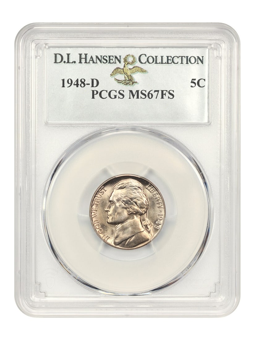 1948-D Jefferson Nickel 5C PCGS MS67 FS Denver D.L. Hansen: 1948-D Jefferson Nickel 5C PCGS MS67 FS Denver D.L. Hansen This 1948-D 5c Jefferson Nickel is a stunning example of numismatic excellence, certified by PCGS with a grade of MS67 FS. The coin exhibits 
