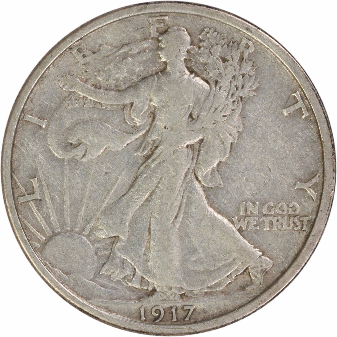 San Francisco 1917-S Liberty Walking Half Dollar 90 Percent Silver EF Uncertified: San Francisco 1917-S Liberty Walking Half Dollar 90 Percent Silver EF Uncertified This 1917-S Walking Liberty Half Dollar is a circulated coin from the San Francisco mint, featuring the iconic design 