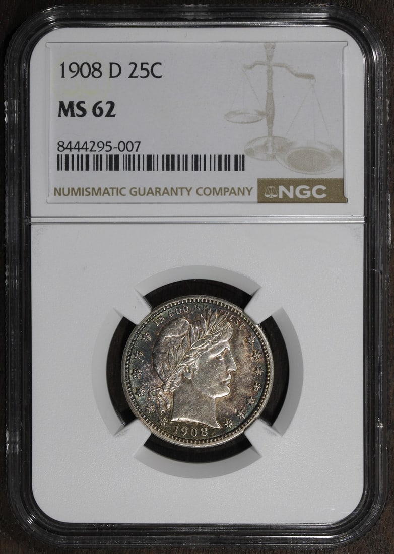 NGC 1908-D Barber Silver Quarter MS62 Rainbow Toning: NGC 1908-D Barber Silver Quarter MS62 Rainbow Toning This 1908-D Barber Quarter features attractive rainbow toning and is composed of 90% silver. Graded MS62 by NGC, this coin was minted in Denver and