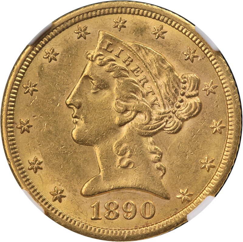 1890-CC Liberty Head $5 Gold NGC AU58 Key Date: 1890-CC Liberty Head $5 Gold NGC AU58 Key Date This 1890-CC Liberty Gold $5 coin is graded AU58 by NGC and features attractive luster, strong strike, and appealing color. The coin is composed of gold 