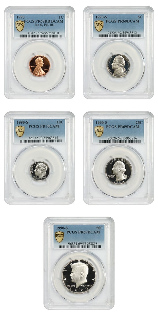 PCGS 1990 San Francisco No S Proof Set 5 Coins DCAM: PCGS 1990 San Francisco No S Proof Set 5 Coins DCAM This 1990-S Proof Set includes five coins, each certified by PCGS and graded between PR69 and PR70DCAM. The set features denominations from 1 cent t