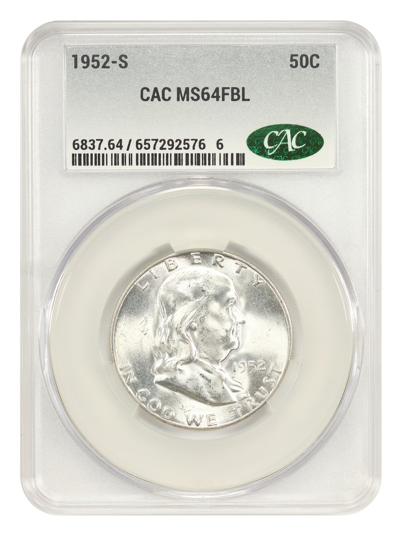 CACG MS64FBL 1952-S Franklin Half Dollar 50C: CACG MS64FBL 1952-S Franklin Half Dollar 50C This is a 1952 Franklin Half Dollar from the San Francisco Mint, graded MS64FBL by CACG. The coin is uncirculated and features the Full Bell Lines (FBL) de