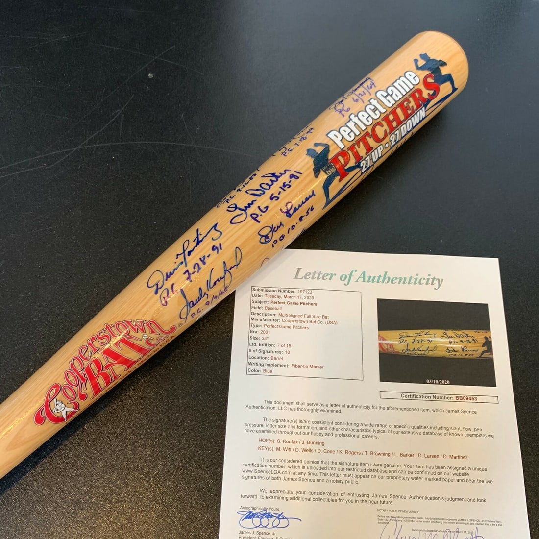 Cooperstown Bat Co perfect game tribute bat 11 signatures JSA (1 of 9)