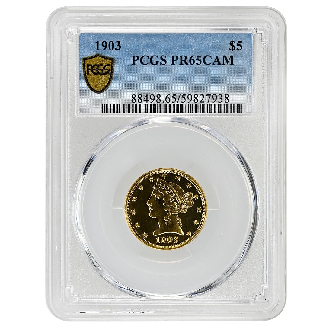 1903 Proof Cameo Liberty Head $5 Gold PCGS PR65CAM: 1903 Proof Cameo Liberty Head $5 Gold PCGS PR65CAM This 1903 $5 Liberty Head gold coin is a proof cameo example certified by PCGS with a grade of PR65CAM. Struck in Philadelphia, it features an uncirc