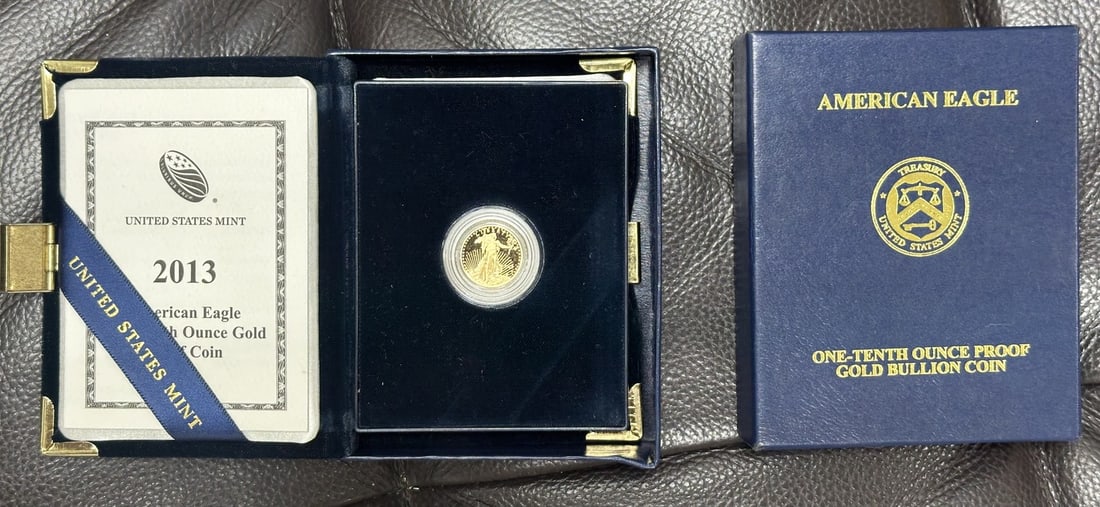 2013 Proof American Gold Eagle 1 10 oz with OGP COA: 2013 Proof American Gold Eagle 1 10 oz with OGP COA This 2013 1/10 oz Proof American Gold Eagle coin is struck in 22k gold with a fineness of 0.9167. Issued by the U.S. Mint, it comes with its origina
