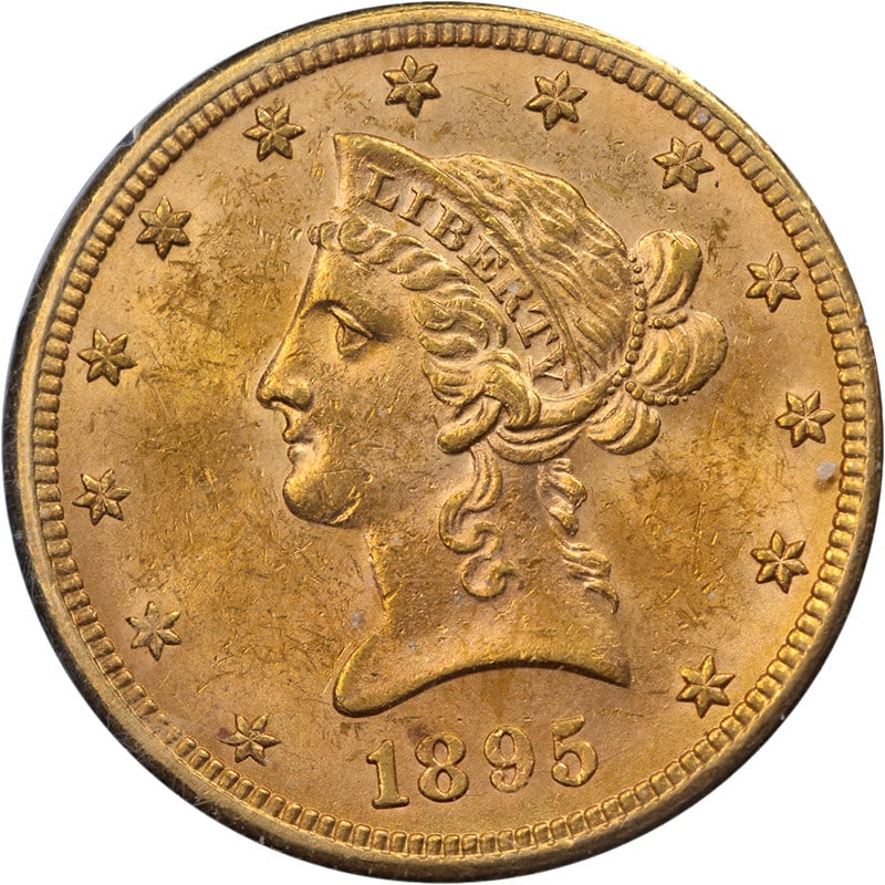 PCGS MS61 1895-P Liberty Gold $10 Rattler Holder: PCGS MS61 1895-P Liberty Gold $10 Rattler Holder This 1895-P Liberty Gold $10 coin is graded MS61 by PCGS and comes in the desirable Rattler holder. Struck in gold with a fineness of 0.9, it features 